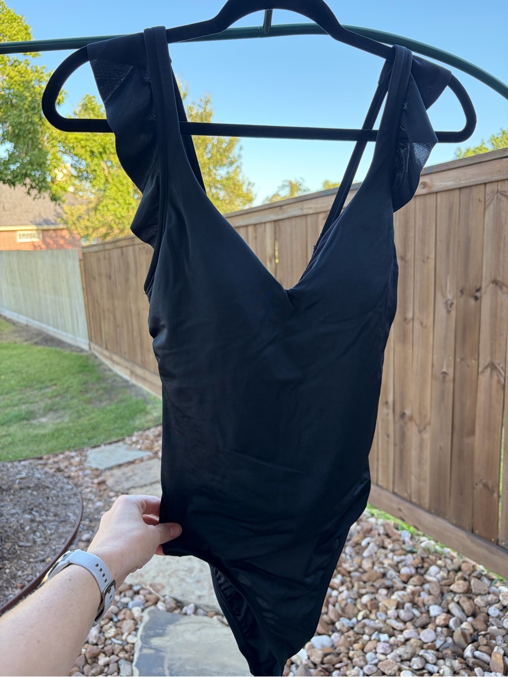 Time and Tru Black Ruffle Strap V‑Neck One Piece Bathing suit